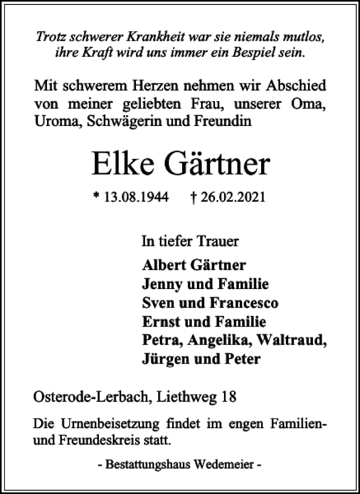  Traueranzeige für Elke Gärtner vom 06.03.2021 aus Harz Kurier