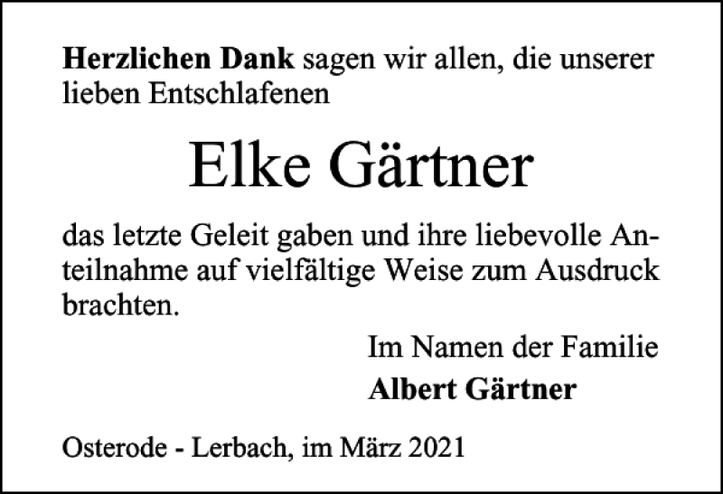  Traueranzeige für Elke Gärtner vom 27.03.2021 aus Harz Kurier