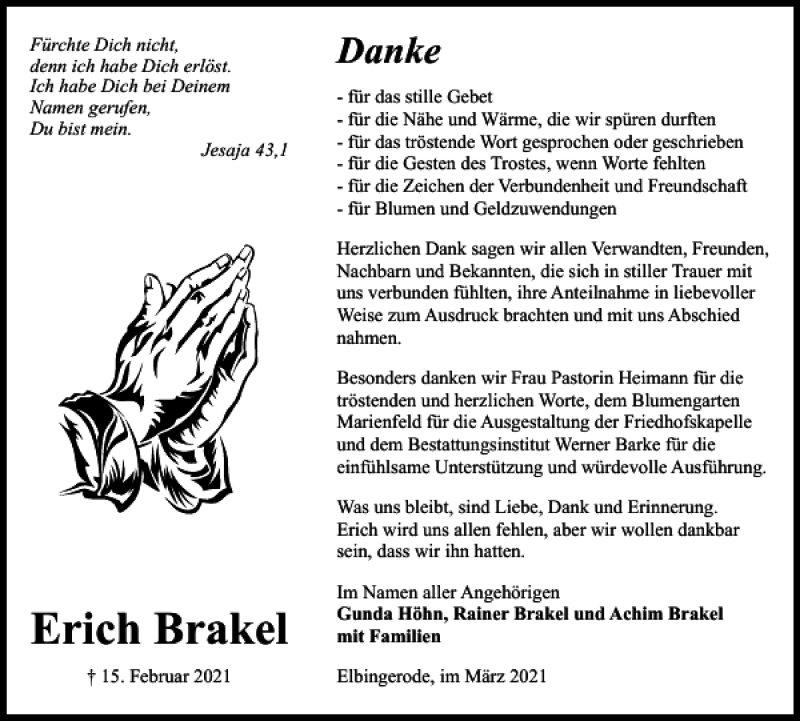 Traueranzeige für Erich Brakel vom 20.03.2021 aus Harz Kurier