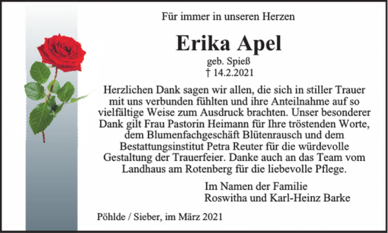  Traueranzeige für Erika Apel vom 06.03.2021 aus Harz Kurier