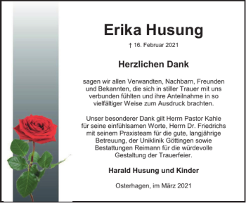 Traueranzeige von Erika Husung von Harz Kurier