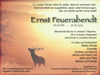 Traueranzeige von Ernst Feuerabendt von Harz Kurier