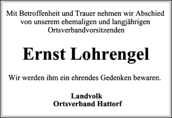 Traueranzeige von Ernst Lohrengel von Harz Kurier