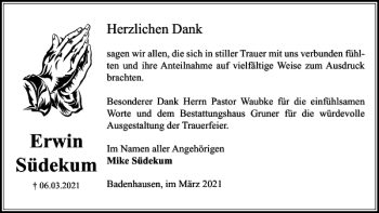 Traueranzeige von Erwin Südekum von Harz Kurier
