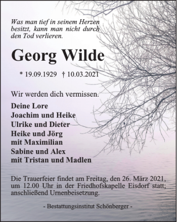 Traueranzeige von Georg Wilde von Harz Kurier