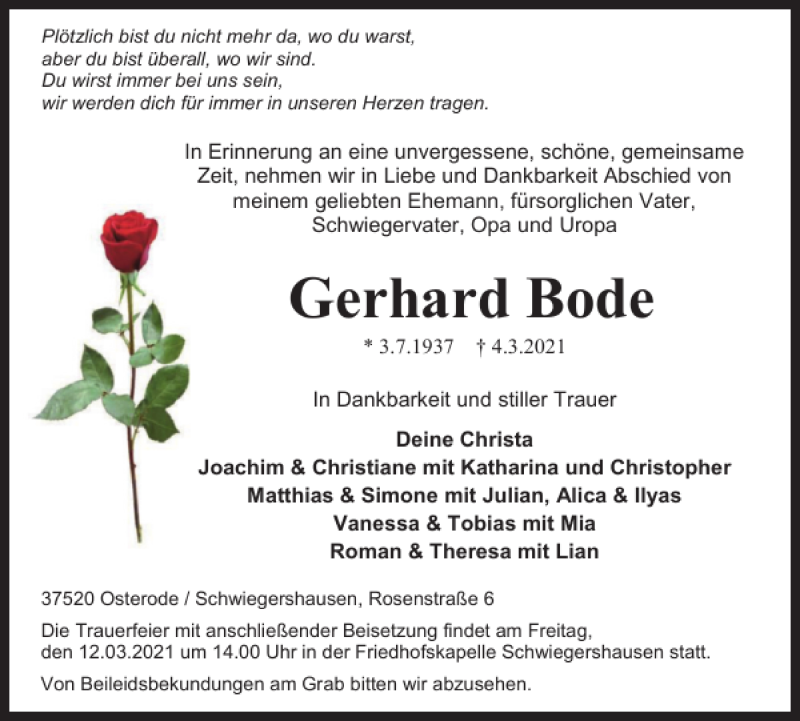  Traueranzeige für Gerhard Bode vom 06.03.2021 aus Harz Kurier
