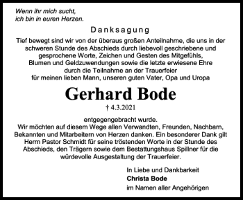 Traueranzeige von Gerhard Bode von Harz Kurier