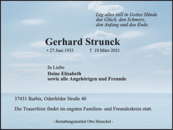 Traueranzeige von Gerhard Strunck von Harz Kurier