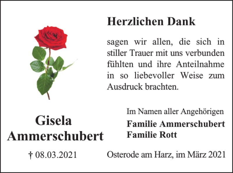  Traueranzeige für Gisela Ammerschubert vom 27.03.2021 aus Harz Kurier