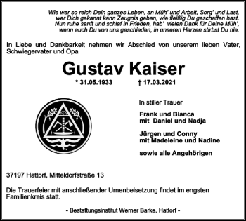 Traueranzeige von Gustav Kaiser von Harz Kurier