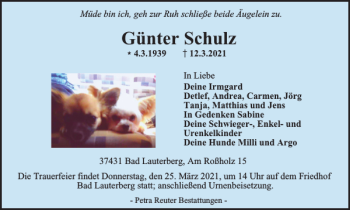 Traueranzeige von Günter Schulz von Harz Kurier