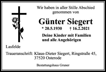 Traueranzeige von Günter Siegert von Harz Kurier