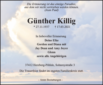 Traueranzeige von Günther Killig von Harz Kurier