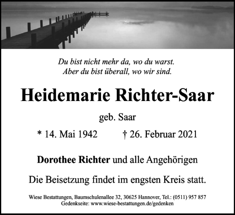  Traueranzeige für Heidemarie Richter-Saar vom 13.03.2021 aus Harz Kurier