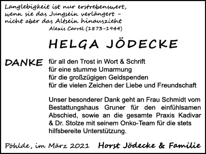  Traueranzeige für Helga Jödecke vom 06.03.2021 aus Harz Kurier