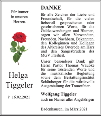 Traueranzeige von Helga Tiggeler von Harz Kurier