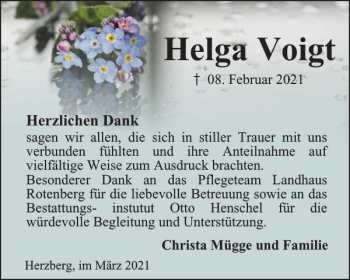 Traueranzeige von Helga Voigt von Harz Kurier