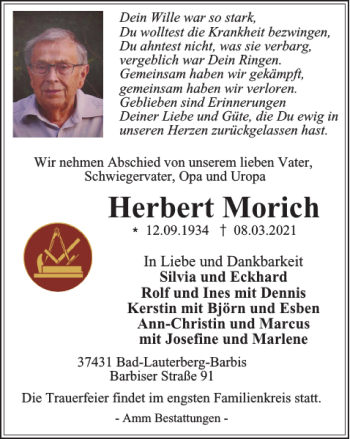 Traueranzeige von Herbert Morich von Harz Kurier