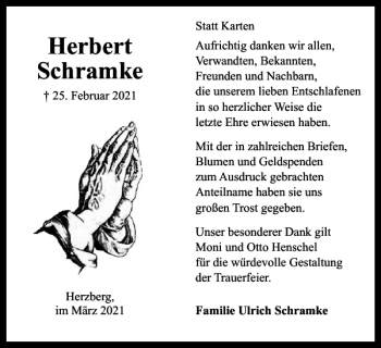 Traueranzeige von Herbert Schramke von Harz Kurier