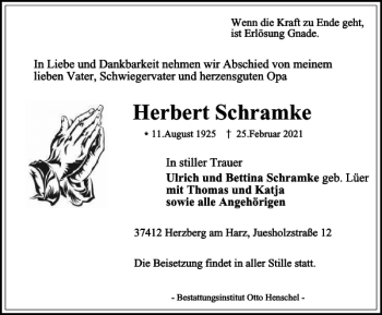 Traueranzeige von Herbert Schramke von Harz Kurier