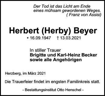 Traueranzeige von Herbert Herby Beyer von Harz Kurier