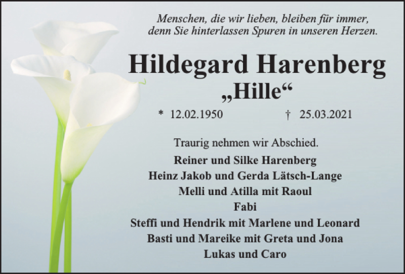  Traueranzeige für Hildegard Harenberg vom 31.03.2021 aus Harz Kurier