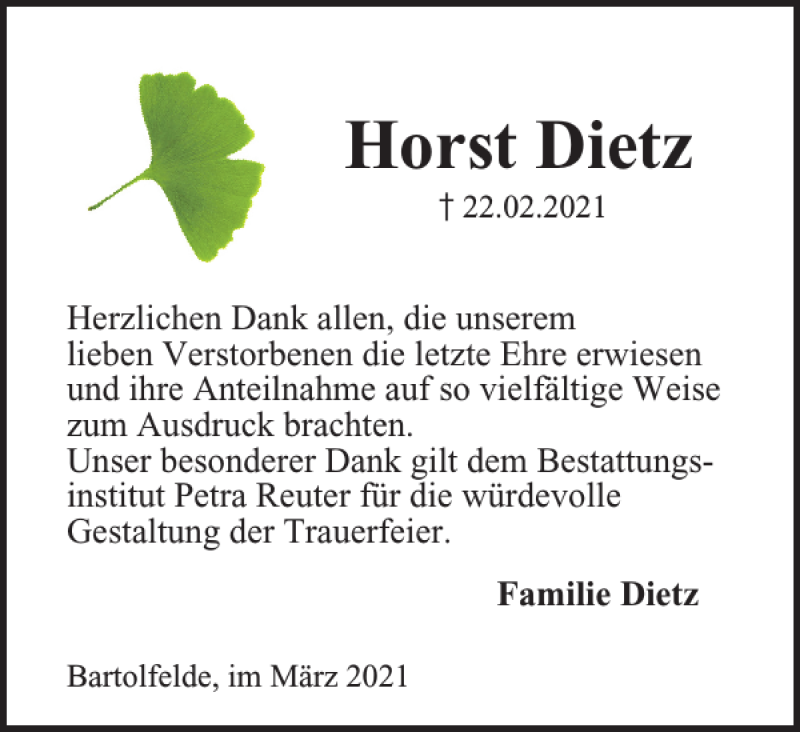  Traueranzeige für Horst Dietz vom 13.03.2021 aus Harz Kurier