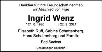 Traueranzeige von Ingrid Wenz von Harz Kurier