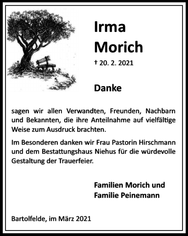 Traueranzeige für Irma Morich vom 27.03.2021 aus Harz Kurier
