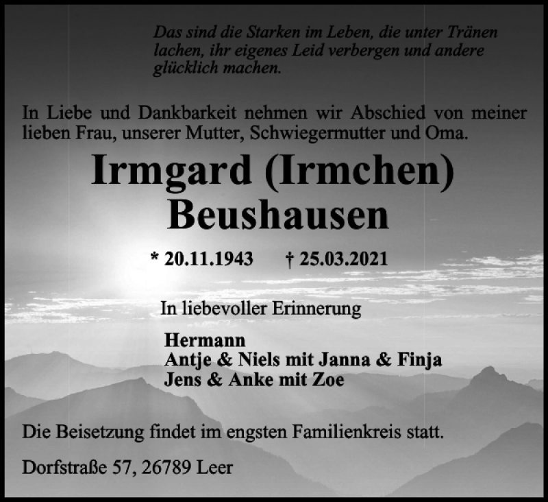  Traueranzeige für Irmgard Irmchen Beushausen vom 30.03.2021 aus Harz Kurier