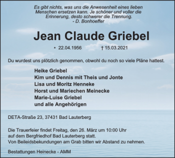 Traueranzeige von Jean Claude Griebel von Harz Kurier