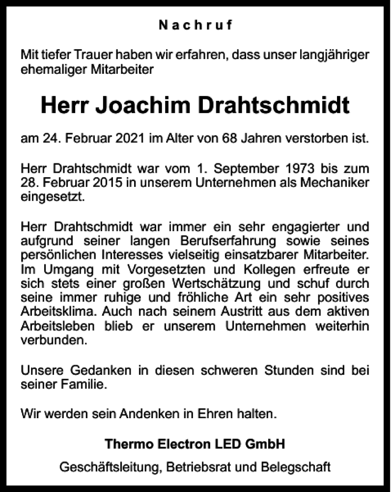  Traueranzeige für Joachim Drahtschmidt vom 06.03.2021 aus Harz Kurier