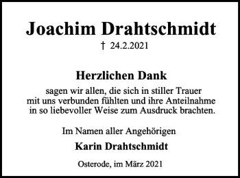 Traueranzeige von Joachim Drahtschmidt von Harz Kurier