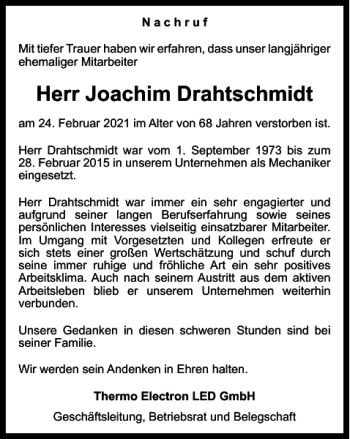 Traueranzeige von Joachim Drahtschmidt von Harz Kurier