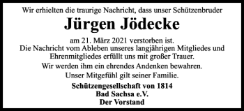Traueranzeige von Jürgen Jödecke von Harz Kurier