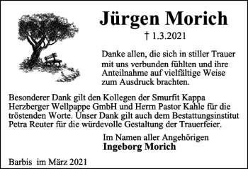 Traueranzeige von Jürgen Morich von Harz Kurier