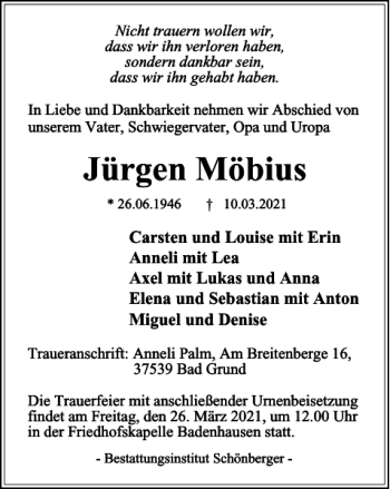 Traueranzeige von Jürgen Möbius von Harz Kurier
