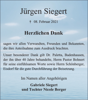 Traueranzeige von Jürgen Siegert von Harz Kurier