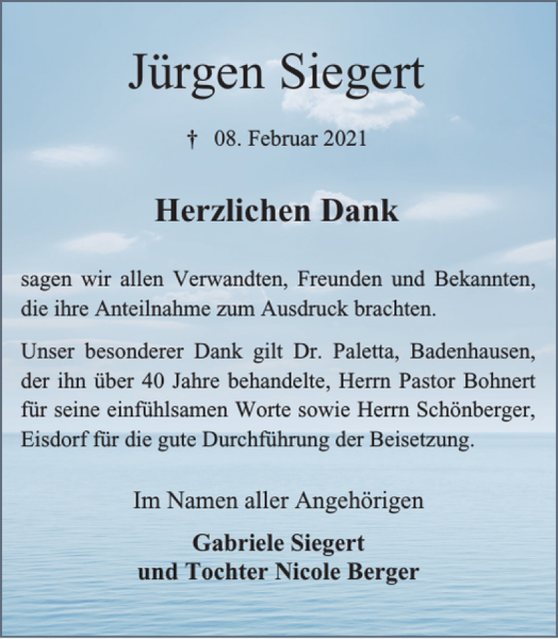  Traueranzeige für Jürgen Siegert vom 06.03.2021 aus Harz Kurier