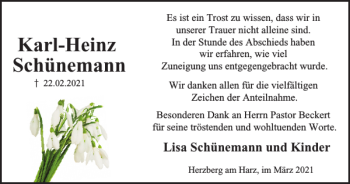 Traueranzeige von Karl-Heinz Schünemann von Harz Kurier