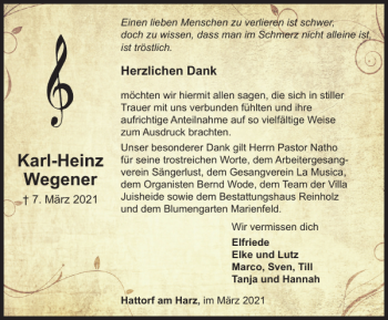 Traueranzeige von Karl-Heinz Wegener von Harz Kurier