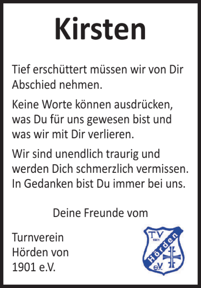  Traueranzeige für Kirsten  vom 24.03.2021 aus Harz Kurier