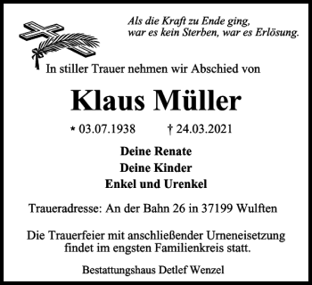 Traueranzeige von Klaus Müller von Harz Kurier