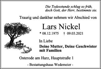 Traueranzeige von Lars Nickel von Harz Kurier