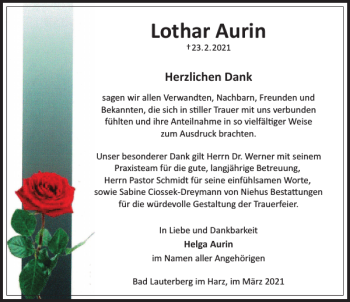Traueranzeige von Lothar Aurin von Harz Kurier