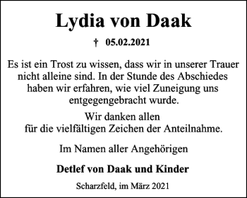 Traueranzeige von Lydia von Daak von Harz Kurier