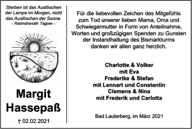  Traueranzeige für Margit Hassepaß vom 27.03.2021 aus Harz Kurier
