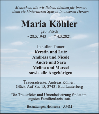 Traueranzeige von Maria Köhler von Harz Kurier