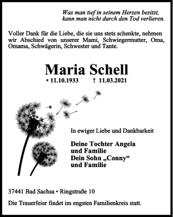 Traueranzeige von Maria Schell von Harz Kurier