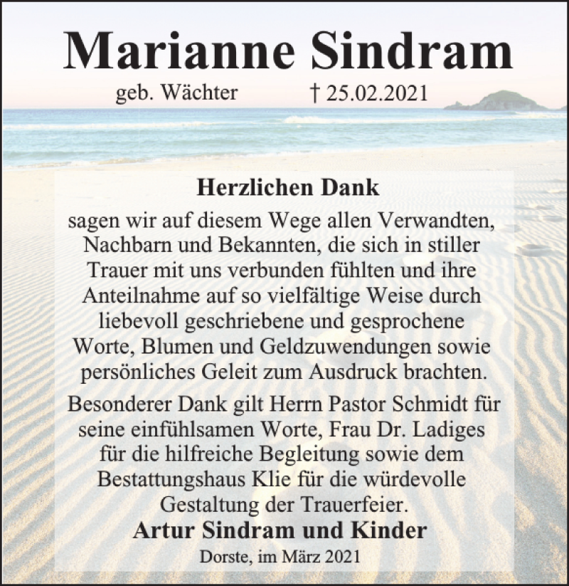  Traueranzeige für Marianne Sindram vom 13.03.2021 aus Harz Kurier